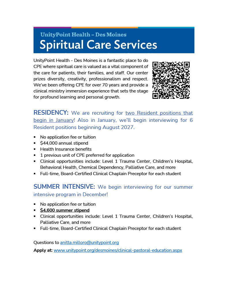 Unity Point Healthcare in Des Moines is accepting applications for two CPE Residency positions. There is no application or tuition and a $44,000 annual stipend and a $4,600 summer stipend is provided. The positions will begin in January.
