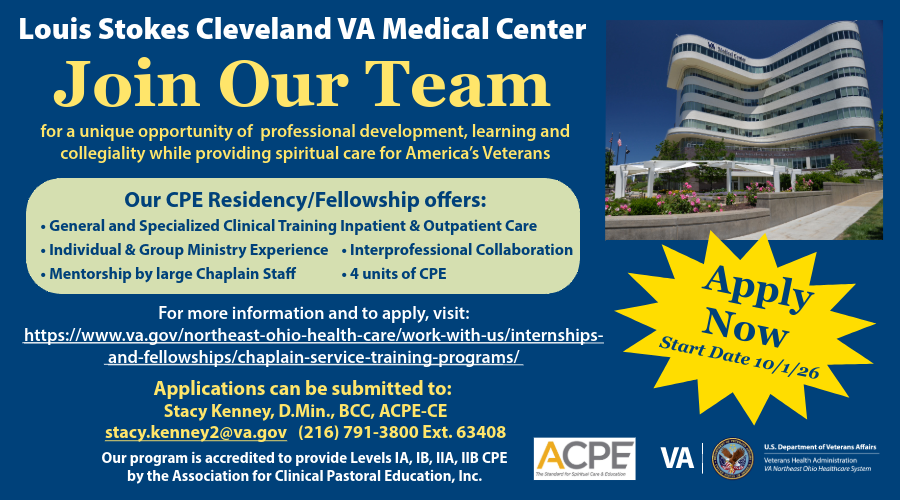 Advertisement for Louis Stokes Cleveland VA Medical Center CPE Residency/Fellowship. The advertisement emphasizes that the experience provides general and specialized clinical training and content information and the application link.