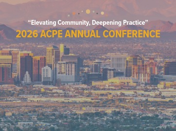 An landscape of the city of Phoenix, Arizona with mountains and desert behind. Over the image, in text, is written "Elevating Community, Deepening Practice: 2026 ACPE Annual Conference"