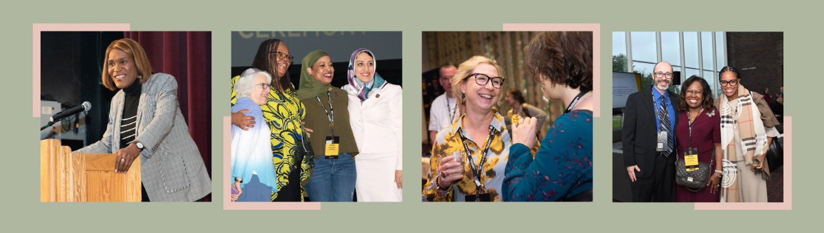 Collage of a diverse group socializing and speaking at a conference event.