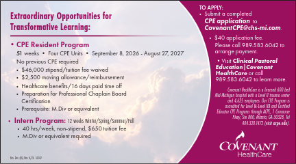 Advertisement for Convenant HealthCare's CPE Resident and Intern Program. The advertisement prompts completed applications to be submitted, alongside a $40 application fee, to CovenantCPE@chs-mi.com