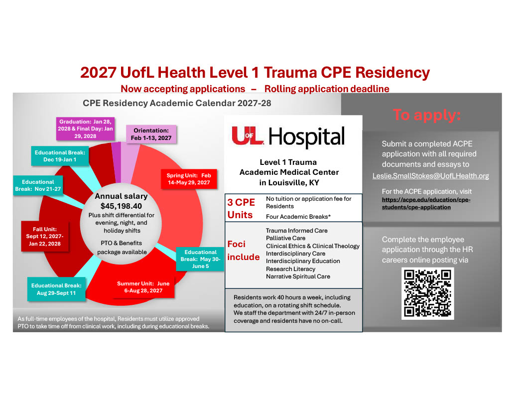 U of L Health is accepting applicants for their Level 1 Trauma CPE Residency. The residency will run from February 1, 2027 until January 29, 2028. Residents have no tuition or fees and work a 40 hour week on a rotating shift schedule.