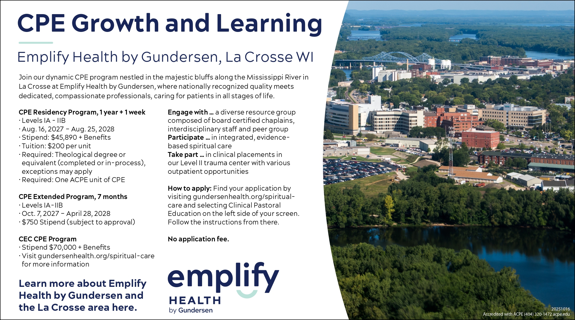 Emplify Health is accepting applications for their CPE Residency Programs and CEC CPE Program for their site in La Crosse, Wisconsin. Visit the website link to learn more.