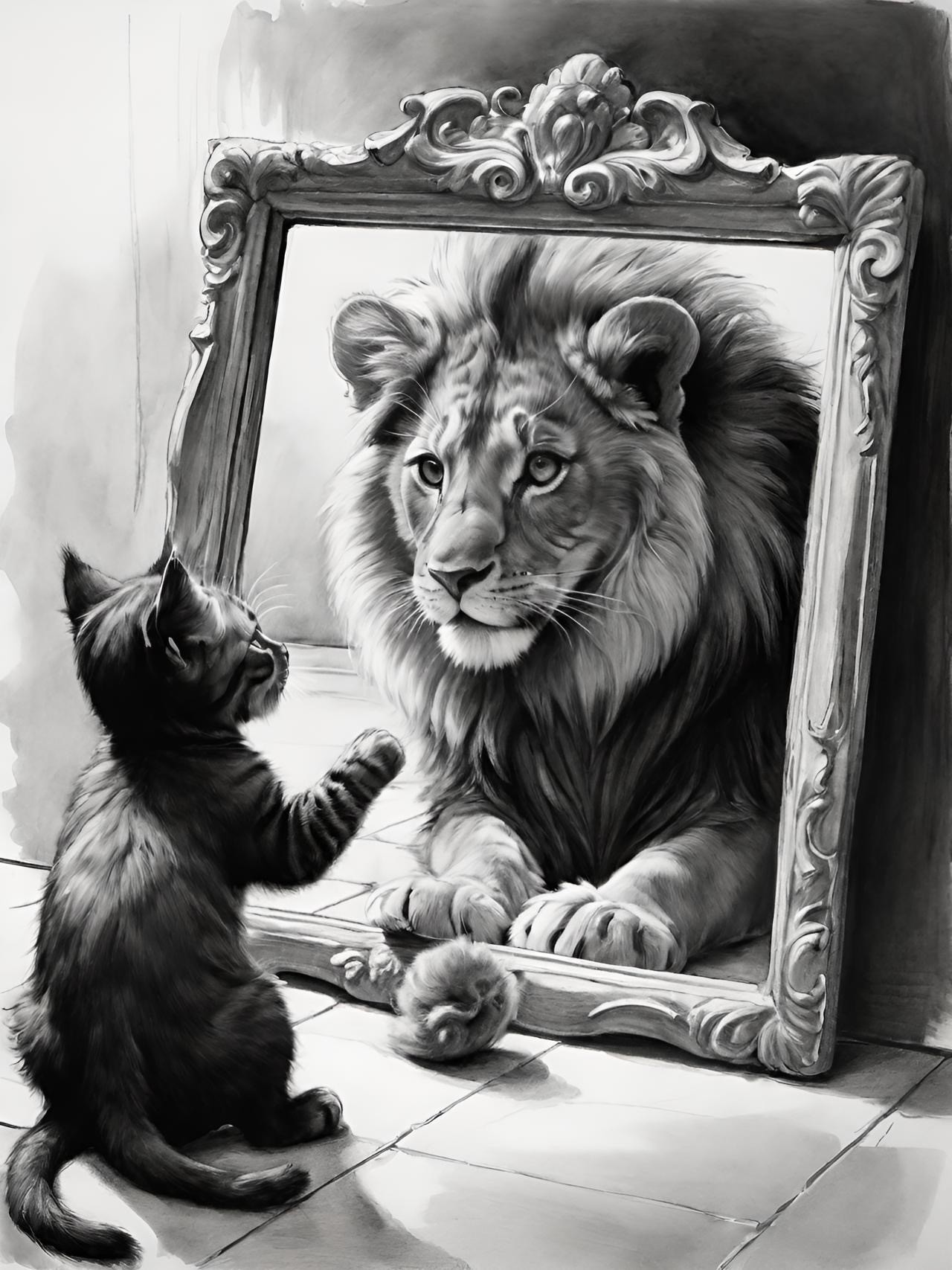 kitten looking at lion in a mirror