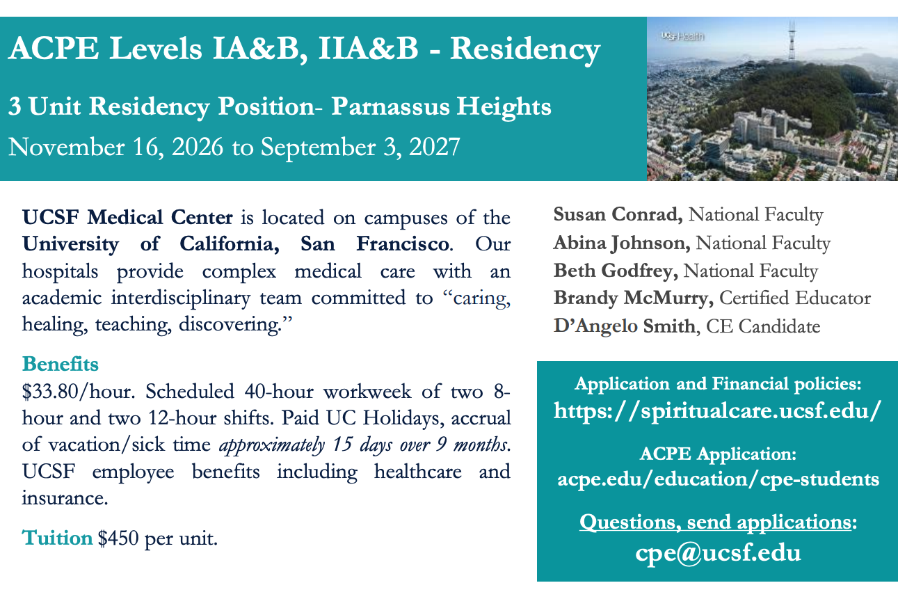 An advertisement for a 3 unit residency position at USCF Medical Center in San Francisco California. The position will pay $33.80 per hour with tuition with paid holidays, approximately 15 days of vacation, and healthcare benefits.