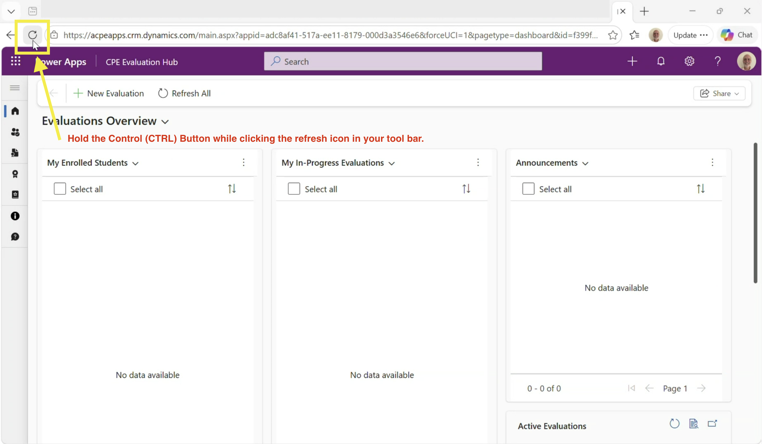 Image of cursor pressing the refresh button in the Evaluation Hub.